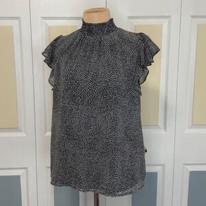 1.STATE Womens Black White Abstract Print Smocked High Neck Flutter Sleeve Top L